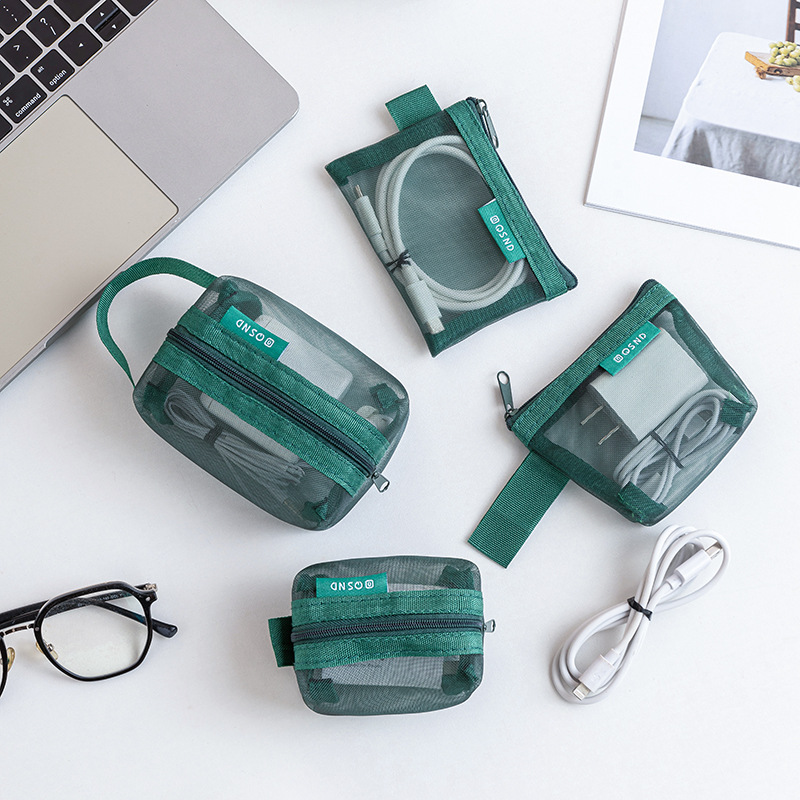 Cable Organizer Travel - ถุงเก็บสายเคเบิลแบบตาข่ายโปร่งใส ถุงเก็บของบนโต๊ะ กระเป๋าใส่เหรียญ บัตร คีย์การ์ด ที่เก็บหูฟัง
