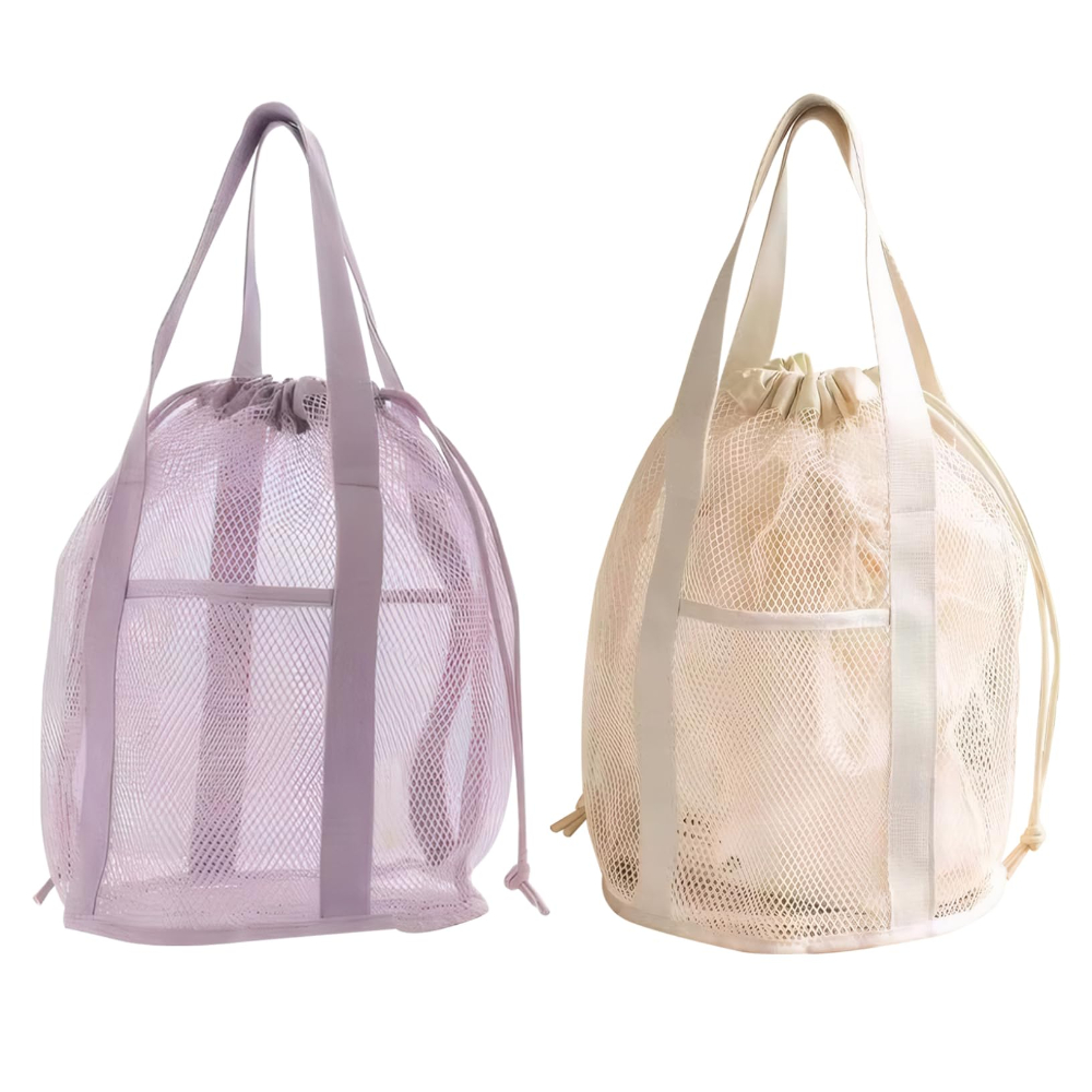 Travel Accessories Toiletries - กระเป๋าใส่อุปกรณ์อาบน้ำแบบตาข่าย พับได้ น้ำหนักเบาพิเศษ กระเป๋าถือแบบมีเชือกรูด กระเป๋าชายหาด กระเป๋าใส่อุปกรณ์อาบน้ำสำหรับของเล่น